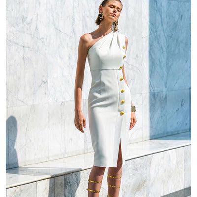 Fashionable Seam Button Stretch Slim Fit Bandage Dress - MINOOO's