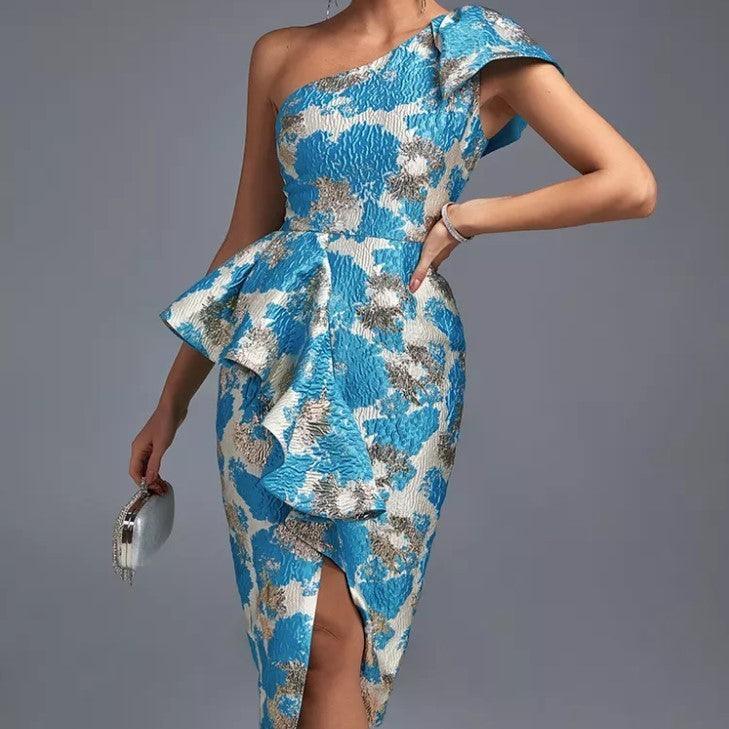 Chic Jacquard Floral One-Shoulder Dress - MINOOO's