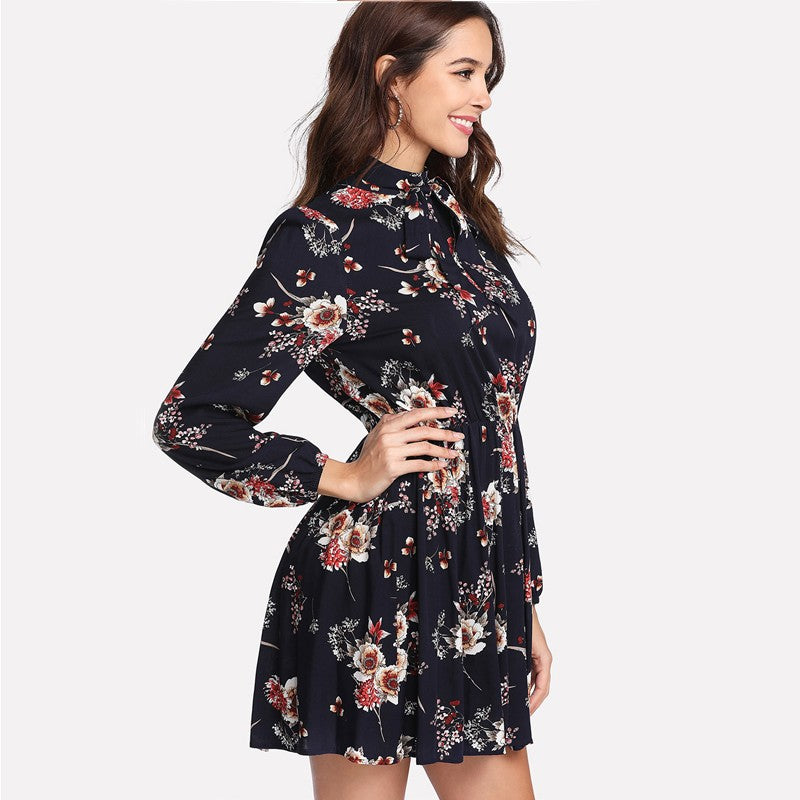 Floral Elegant Long Sleeve High Waist Tie Neck Dress - MINOOO's