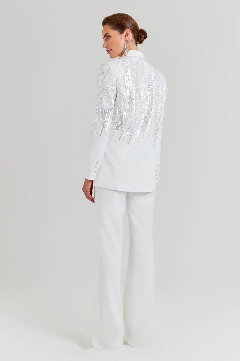 Shimmering White Sequin Blazer Suit - MINOOO's