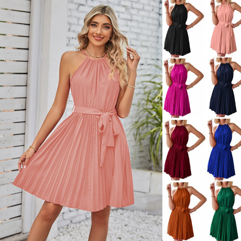 Pleated Halter Neck Dress - MINOOO's