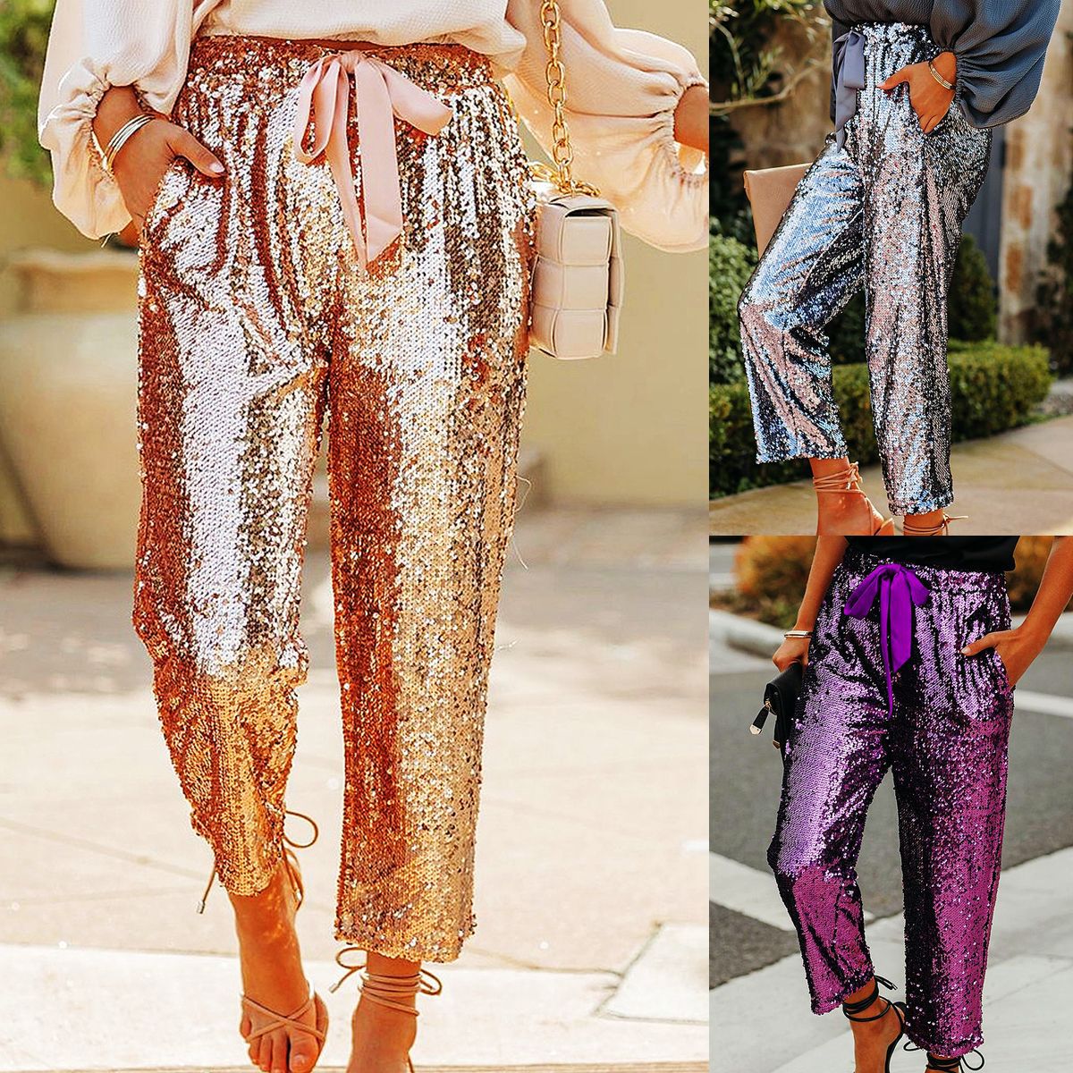 Fashion High Waist Lace Up Nightclub Sequined Pants - MINOOO's