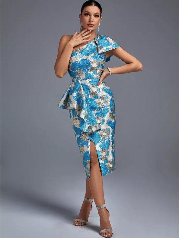 Chic Jacquard Floral One-Shoulder Dress - MINOOO's