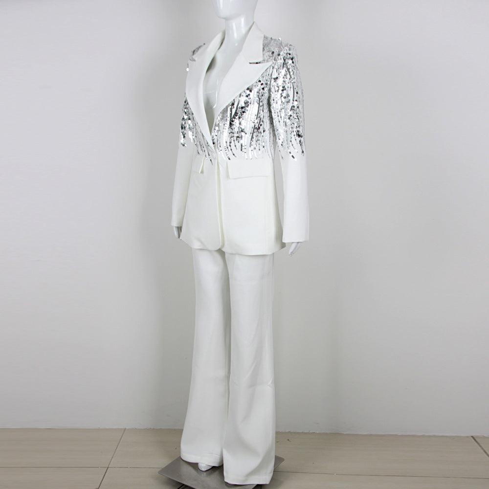 Shimmering White Sequin Blazer Suit - MINOOO's