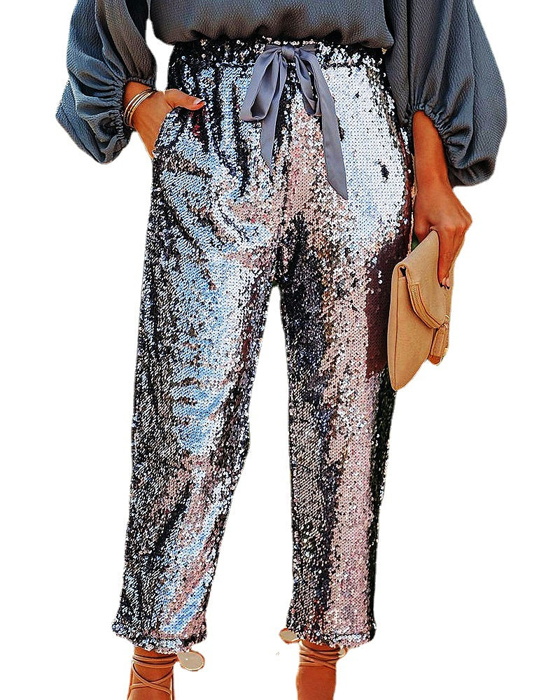 Fashion High Waist Lace Up Nightclub Sequined Pants - MINOOO's