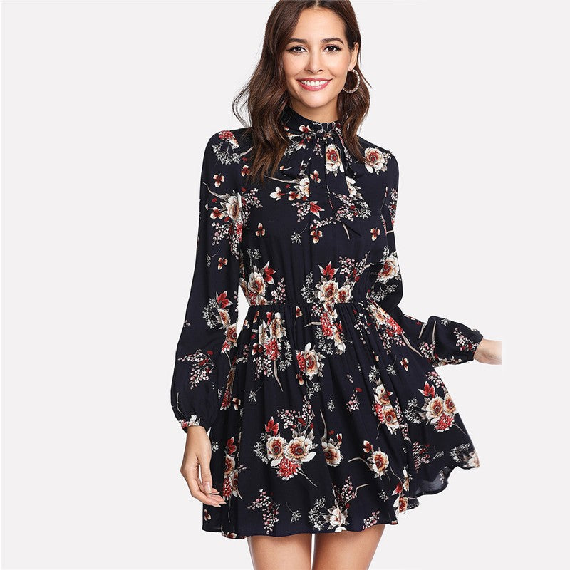 Floral Elegant Long Sleeve High Waist Tie Neck Dress - MINOOO's