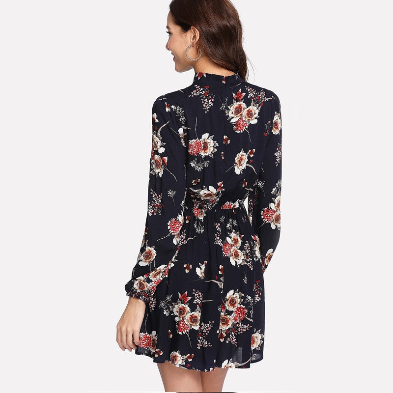 Floral Elegant Long Sleeve High Waist Tie Neck Dress - MINOOO's