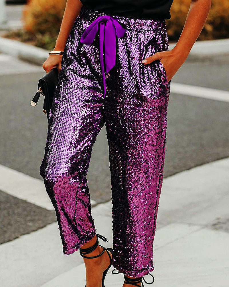 Fashion High Waist Lace Up Nightclub Sequined Pants - MINOOO's