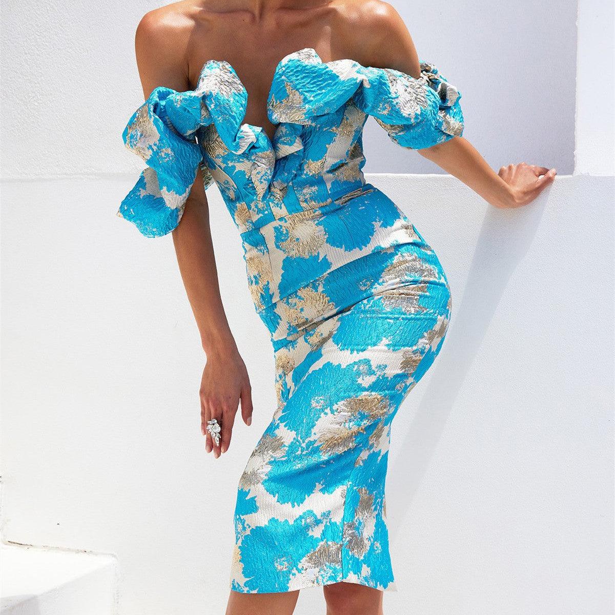 Off-Shoulder Floral V-neck Dress - MINOOO's