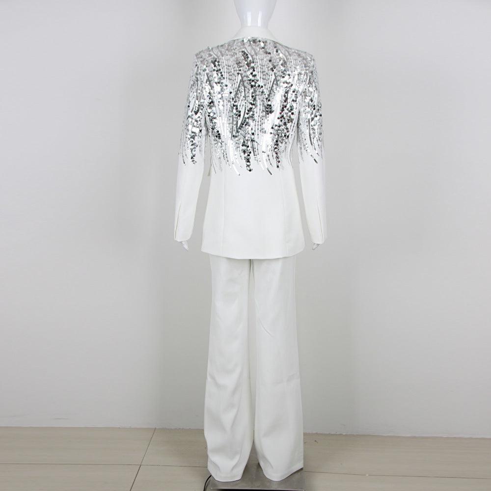 Shimmering White Sequin Blazer Suit - MINOOO's