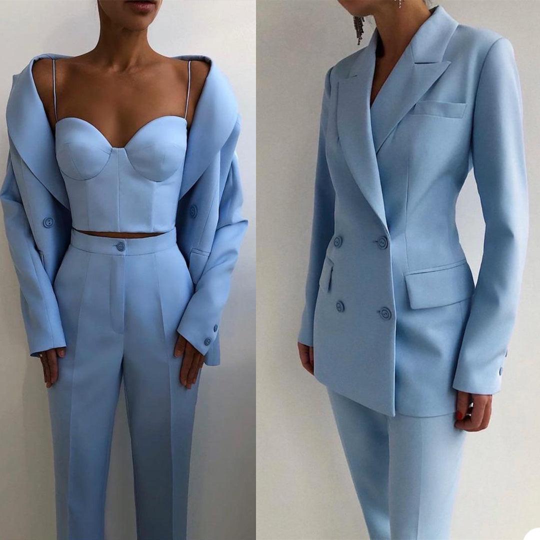 Elegant Blue Blazer and Crop Top Set - MINOOO's