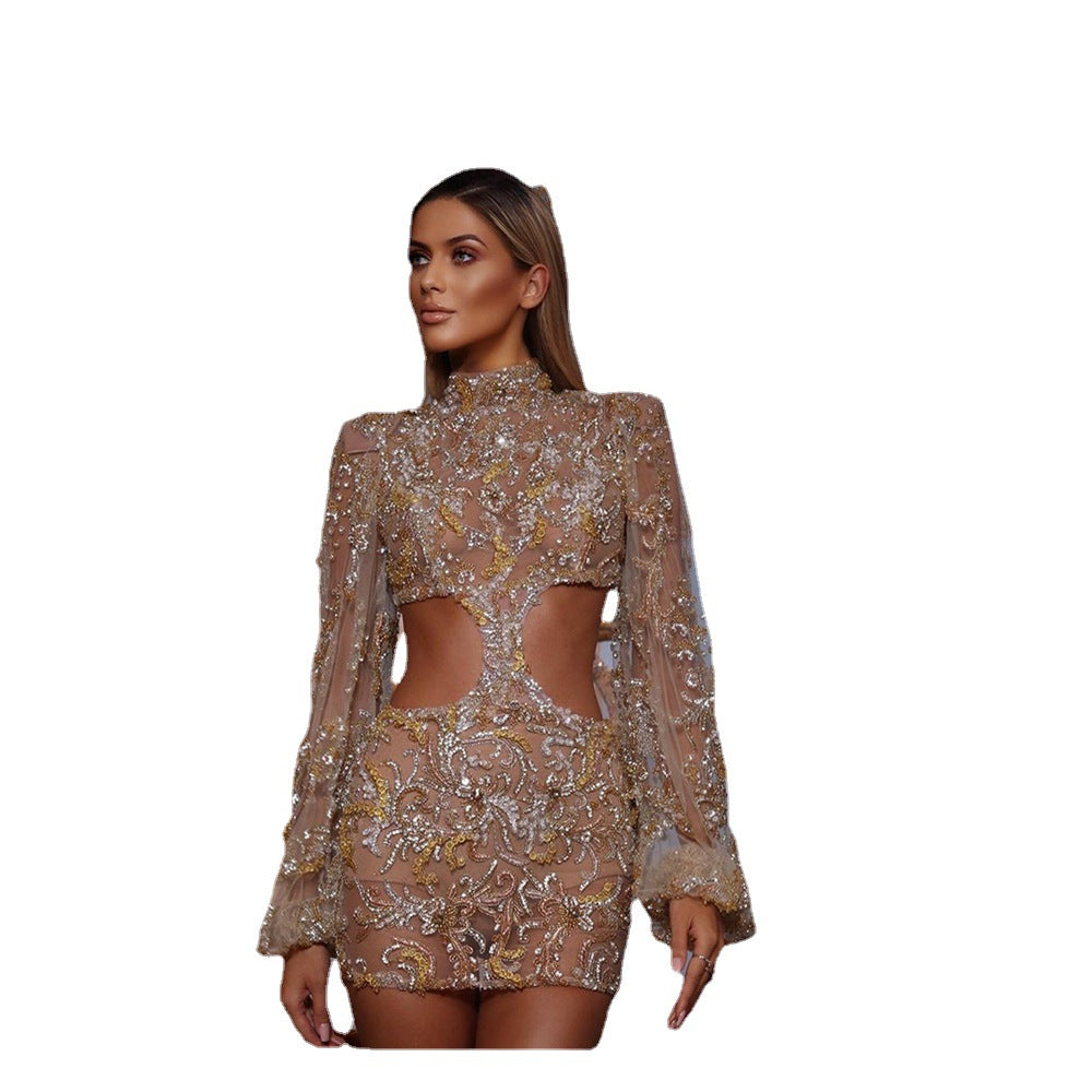 Sexy Mesh Sequins Round Neck Party Dress - MINOOO's