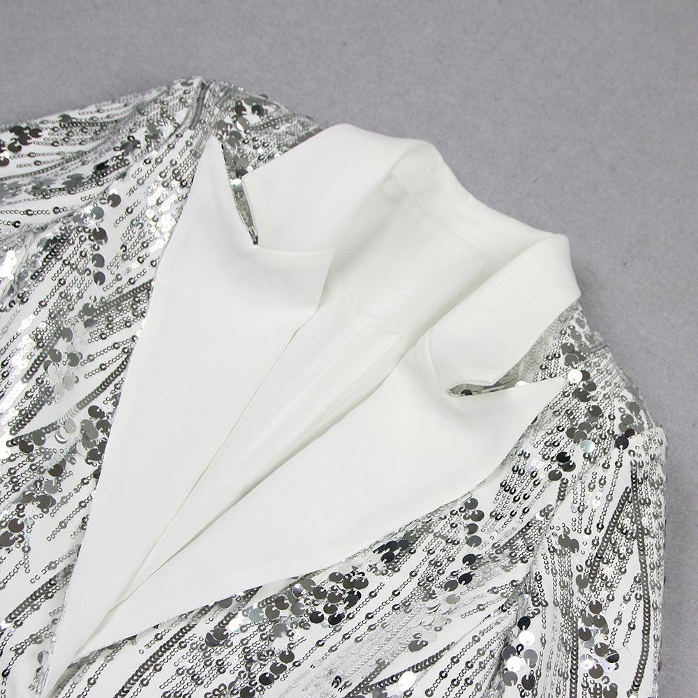 Shimmering White Sequin Blazer Suit - MINOOO's