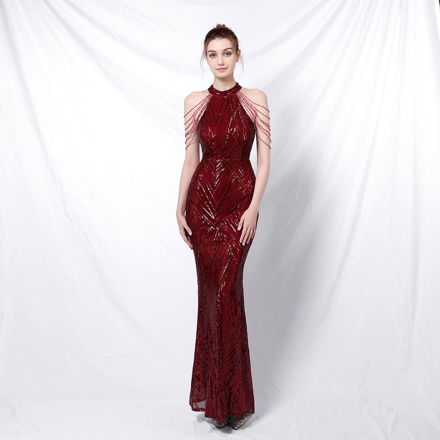 Elegant Rhapsody: Crimson Sequin Gown - MINOOO's