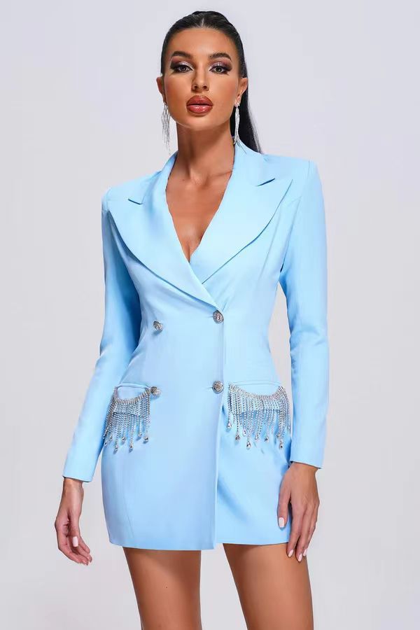 Long-sleeved V-neck Tassel Diamond Suit - MINOOO's