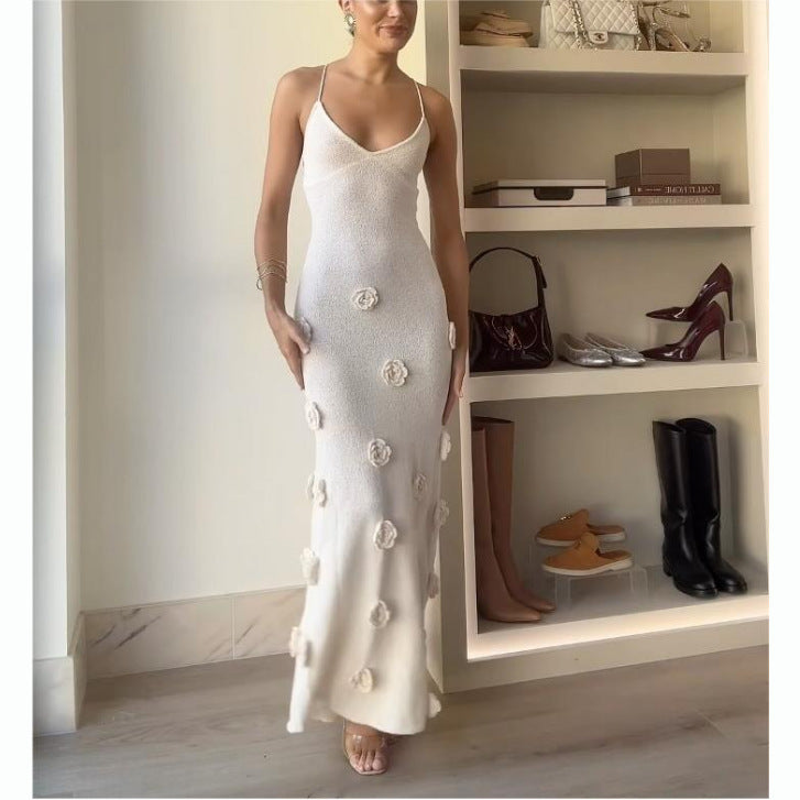 Knitted Flower Backless Sleeveless Dress - MINOOO's