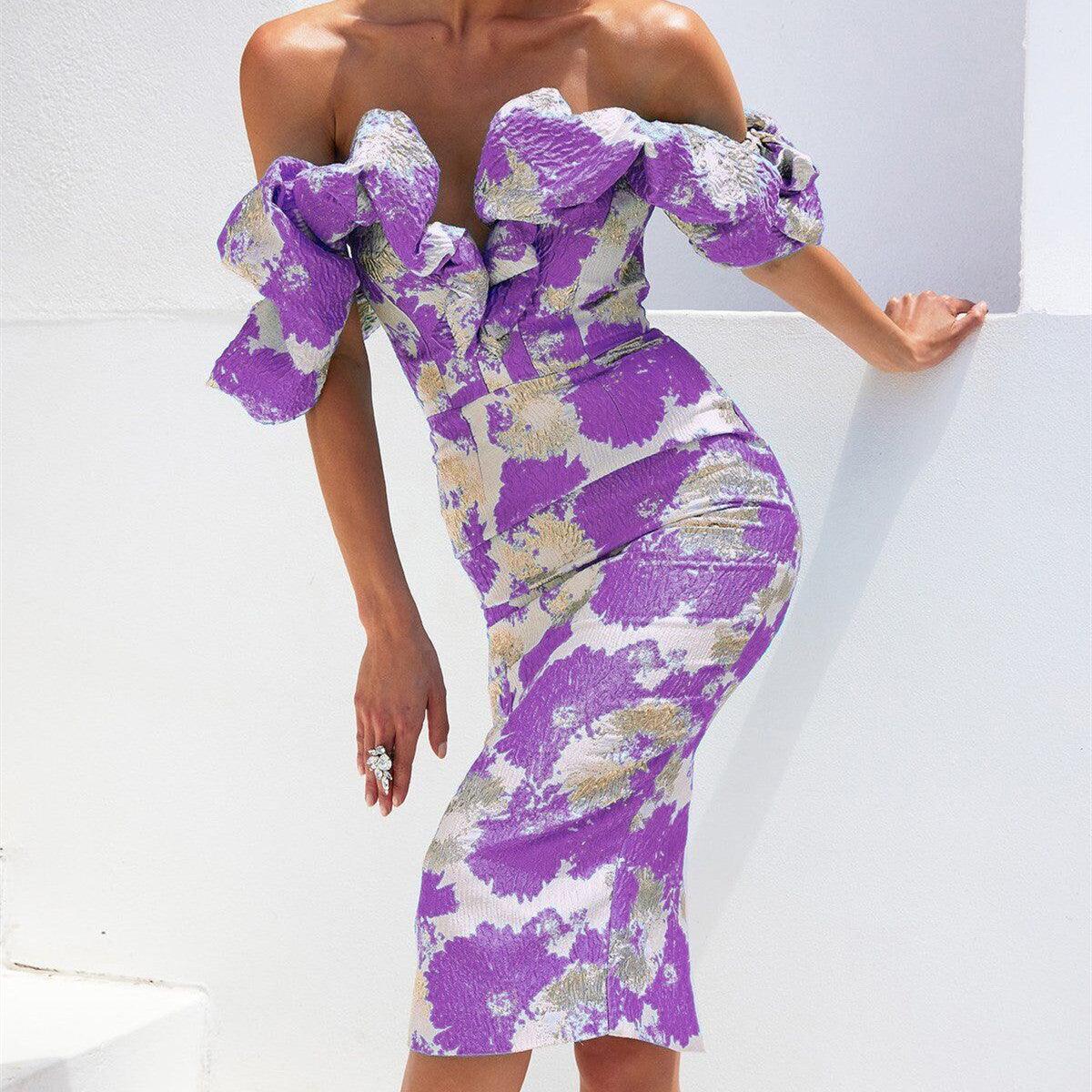 Off-Shoulder Floral V-neck Dress - MINOOO's