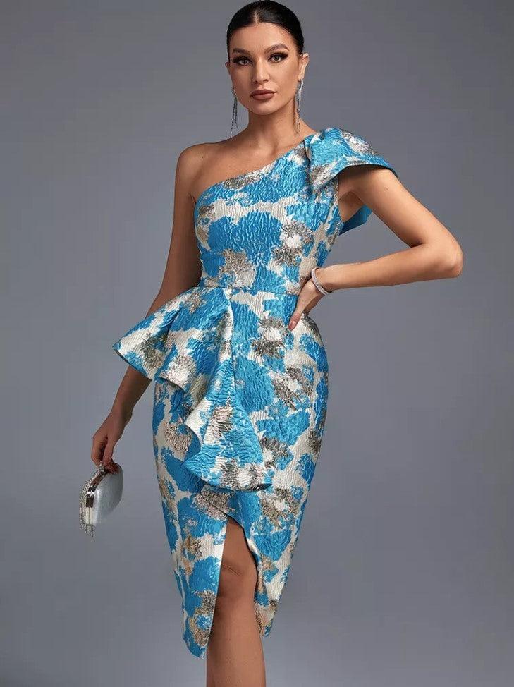 Chic Jacquard Floral One-Shoulder Dress - MINOOO's