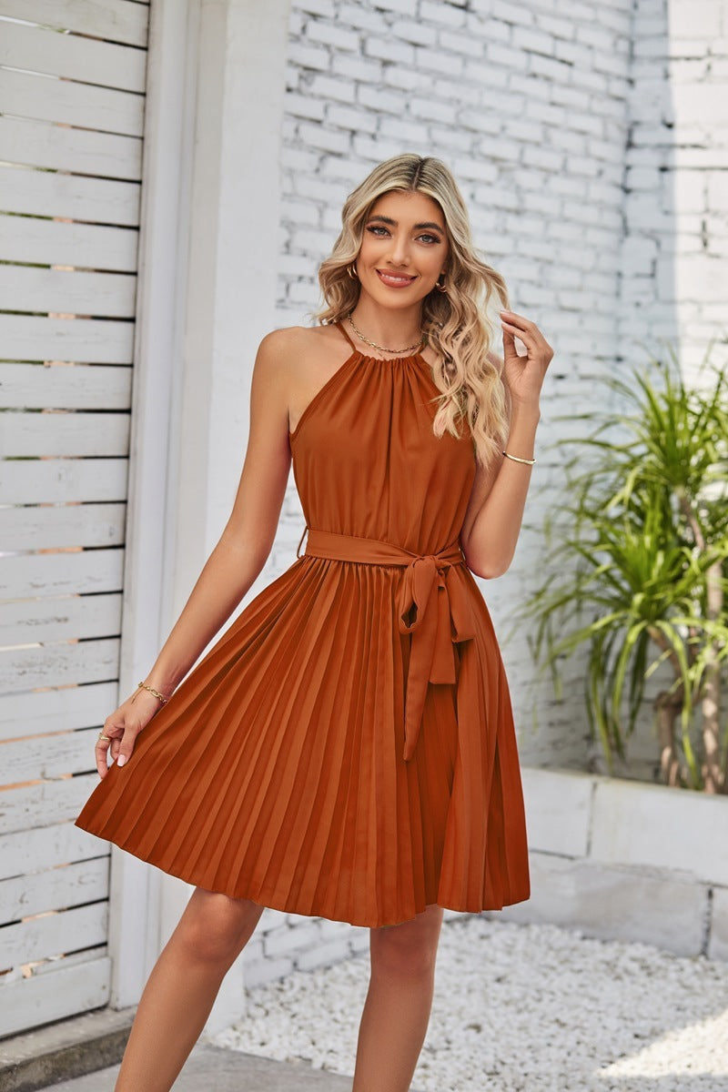 Pleated Halter Neck Dress - MINOOO's