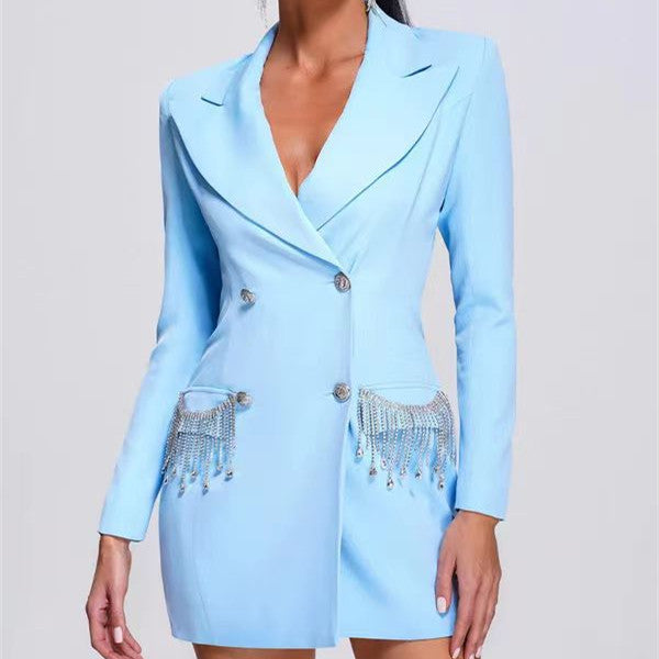 Long-sleeved V-neck Tassel Diamond Suit - MINOOO's