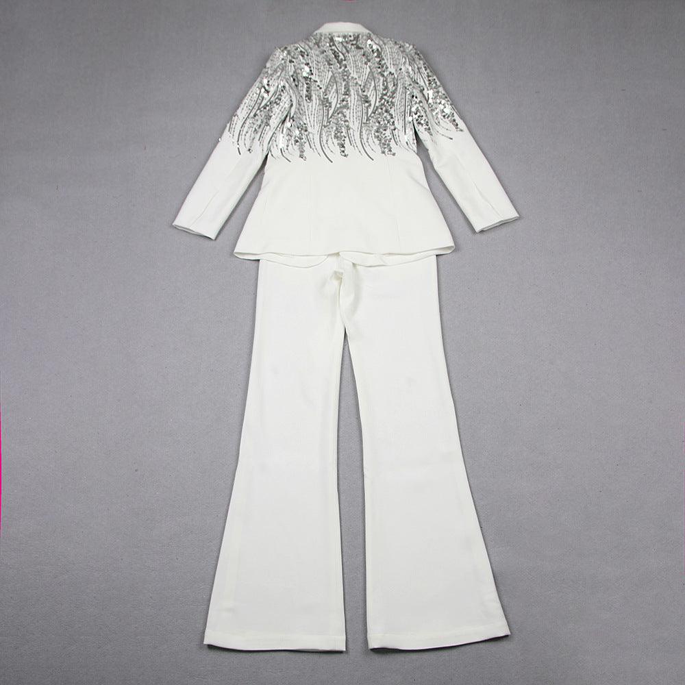 Shimmering White Sequin Blazer Suit - MINOOO's