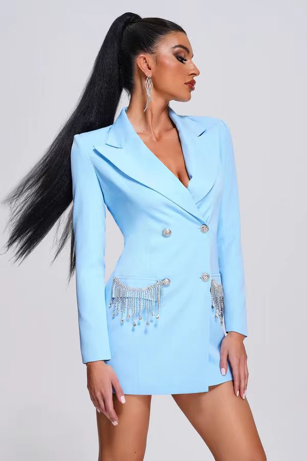 Long-sleeved V-neck Tassel Diamond Suit - MINOOO's