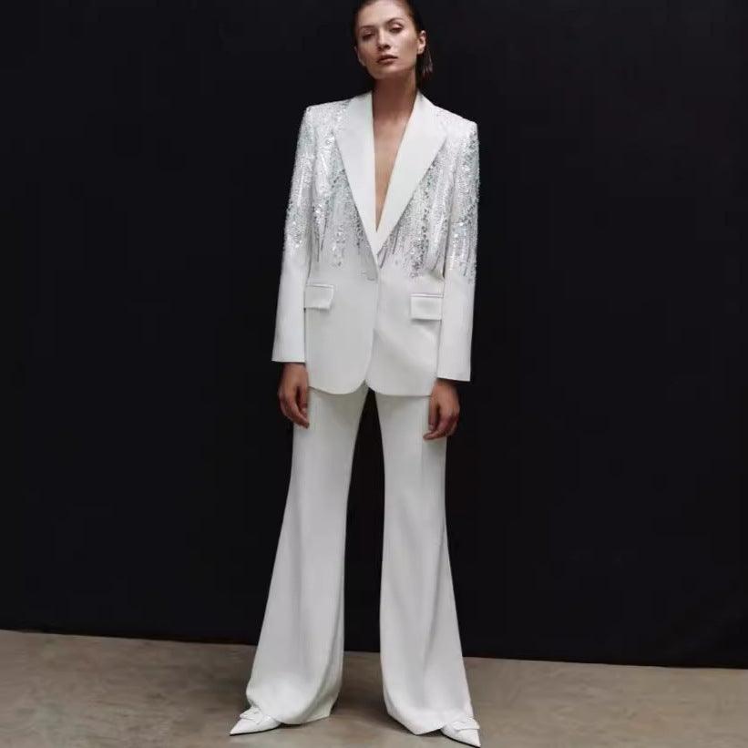 Shimmering White Sequin Blazer Suit - MINOOO's